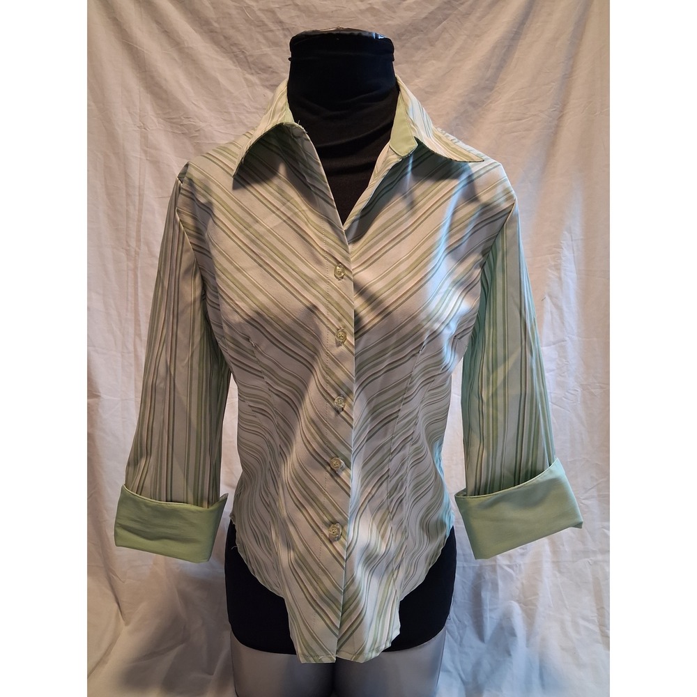 Y2K DCC Stretch Button Down Shirt Women's M Green Striped Fitted 3/4 Sleeve
